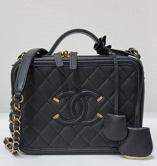 Chanel Medium Filigree Vanity Case Quilted Caviar Black GHW 2899 holo card