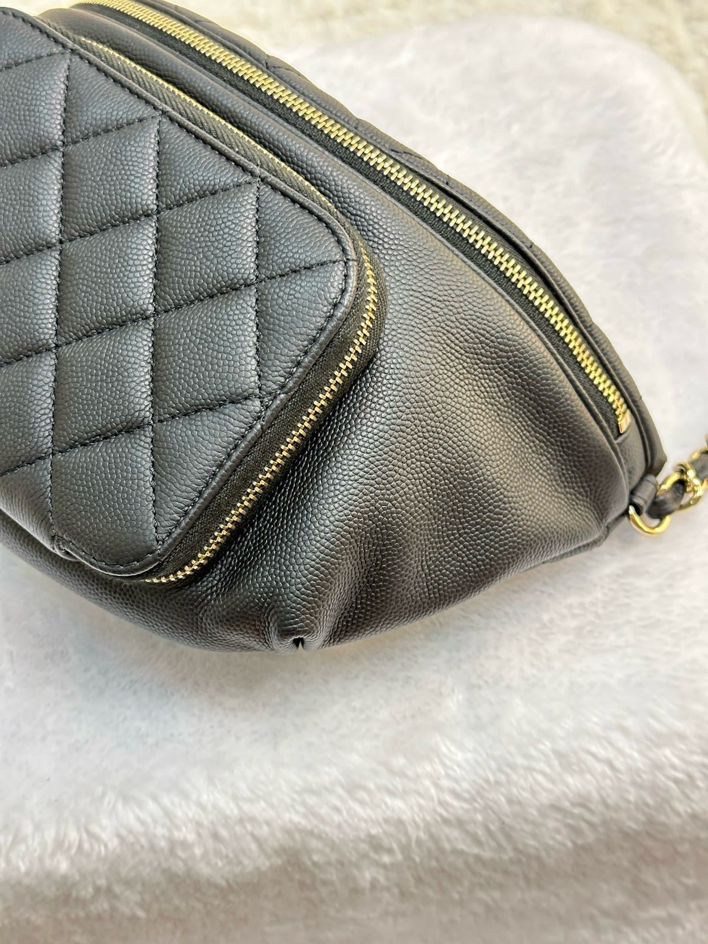 Chanel Black Quilted Caviar Leather Business Affinity Waist Belt Bag 27 holo card