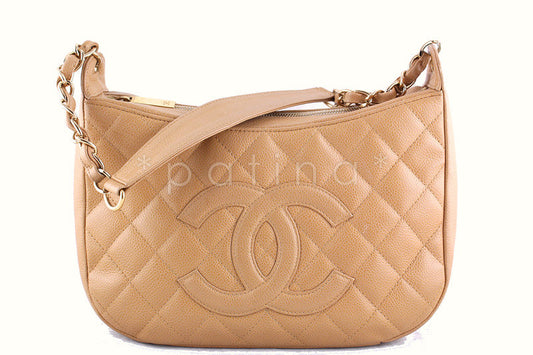Chanel Beige Caviar Quilted Hobo Shopper Bag