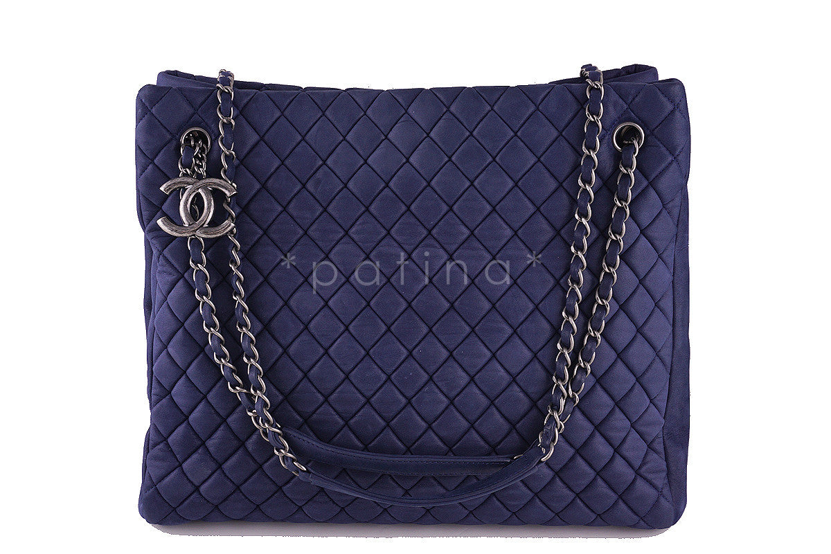 Chanel Navy Blue Bubble Quilted Luxe N/S CC Charm Tote Bag