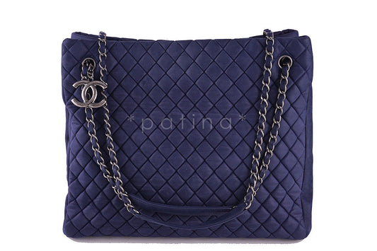 Chanel Navy Blue Bubble Quilted Luxe N/S CC Charm Tote Bag