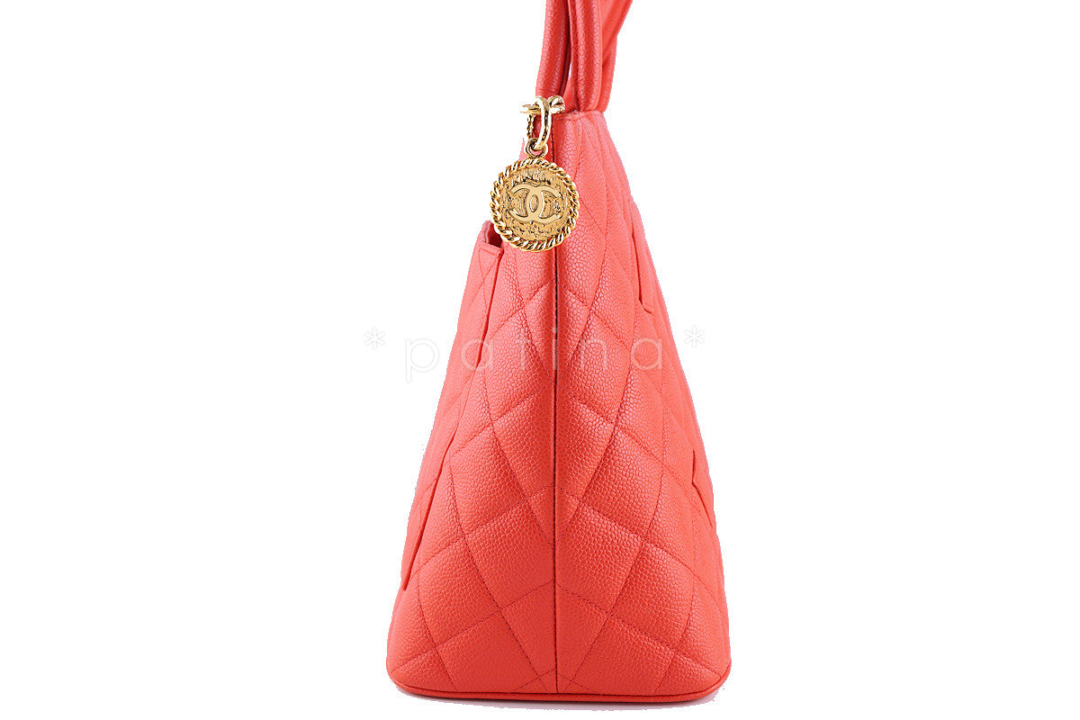 Chanel Coral Pink Caviar Classic Quilted Medallion Shopper Tote Bag