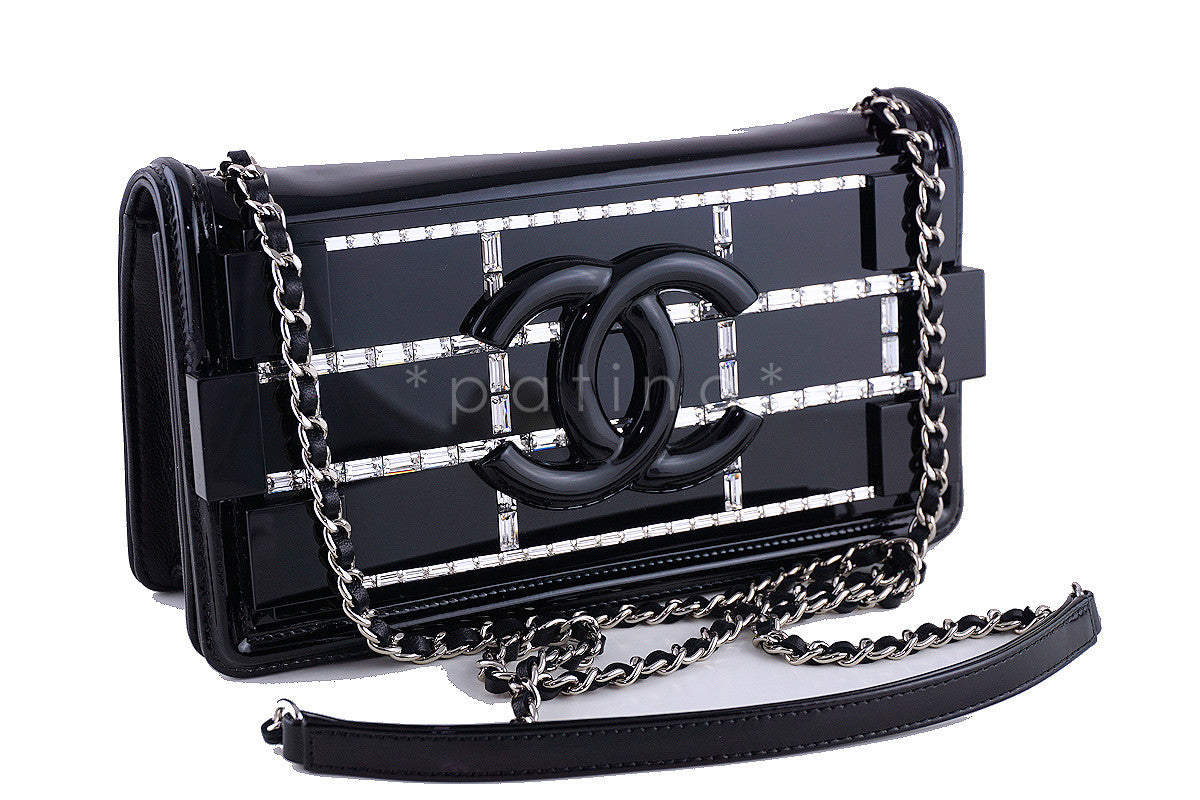 NEW Chanel Black 2015 Boy Brick Emerald Crystals Plexi Lego Flap Bag