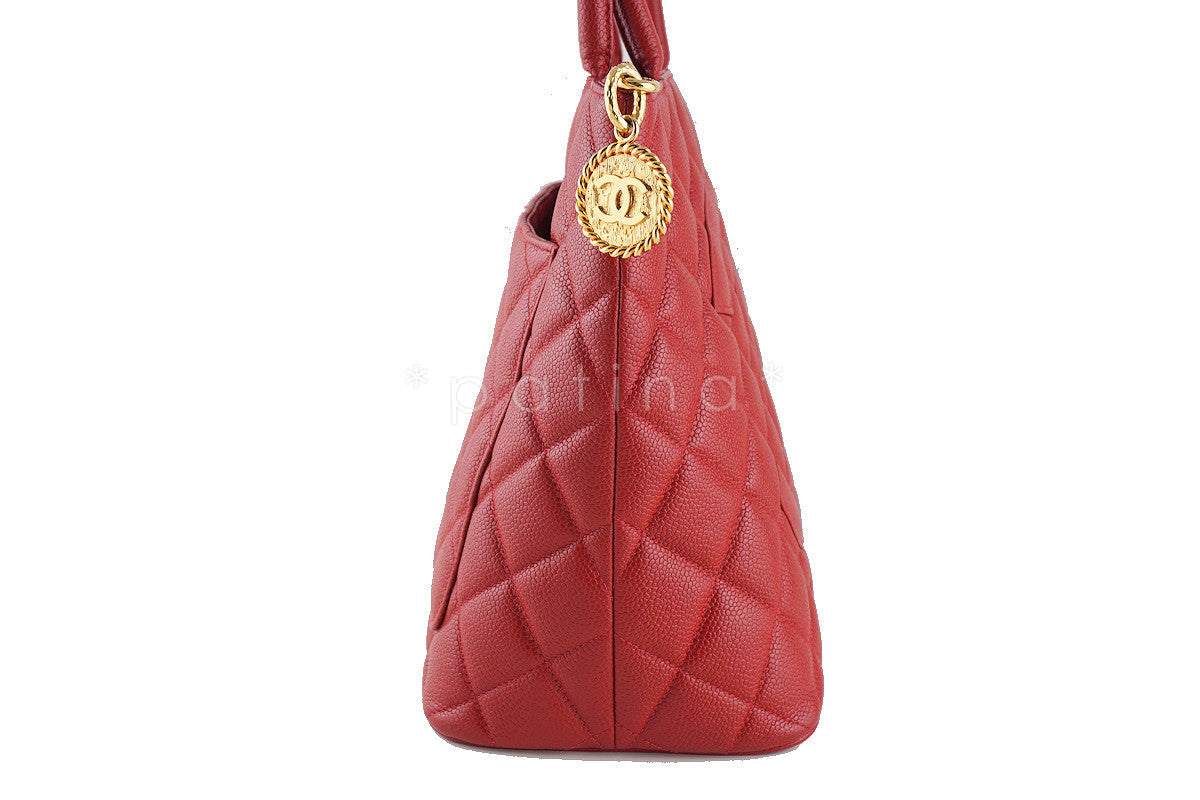 Chanel Red Caviar Classic Quilted Medallion Shopper Tote Bag