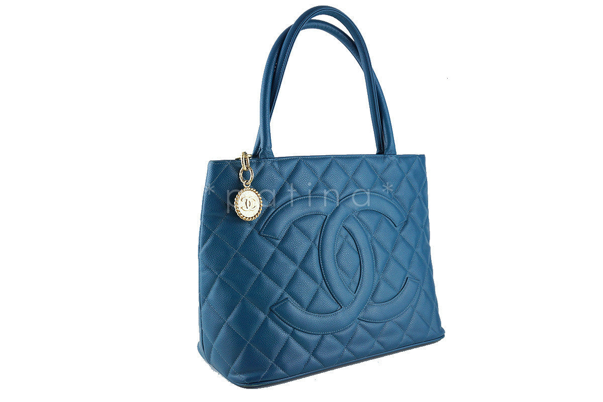 Chanel Turquoise Blue Caviar Classic Quilted Medallion Shopper Tote Bag