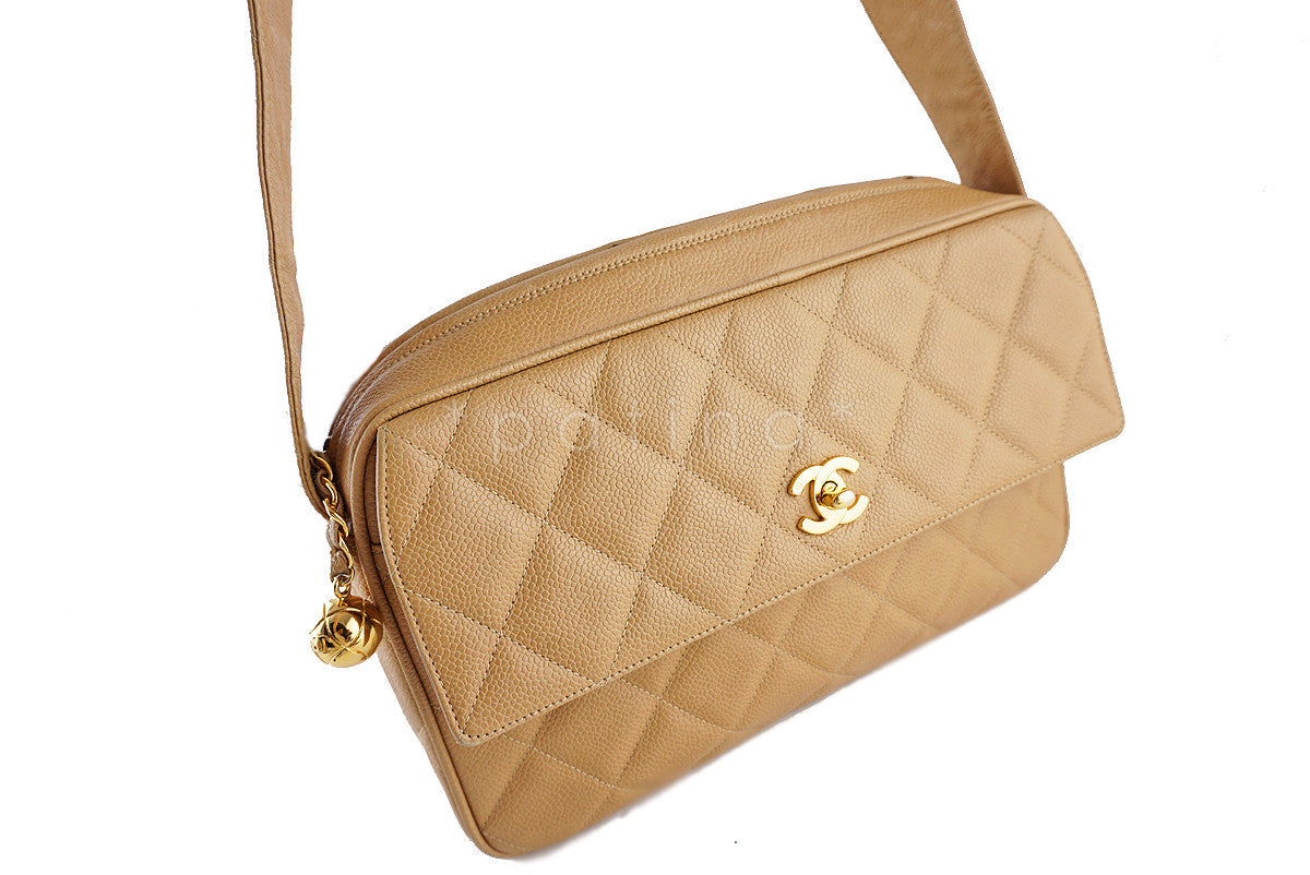 Chanel Vintage Beige Caviar Classic Quilted Flap Camera Purse Bag