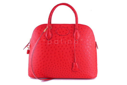 Hermes Ostrich Rouge Garrance 35/37cm Red Bolide Shoulder Tote Bag