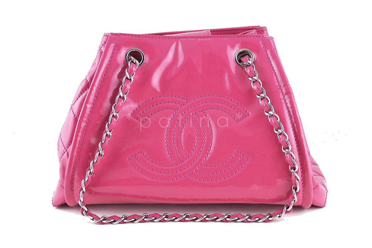 Chanel Fuchsia Pink Patent Small Logo Shopper Tote Bag