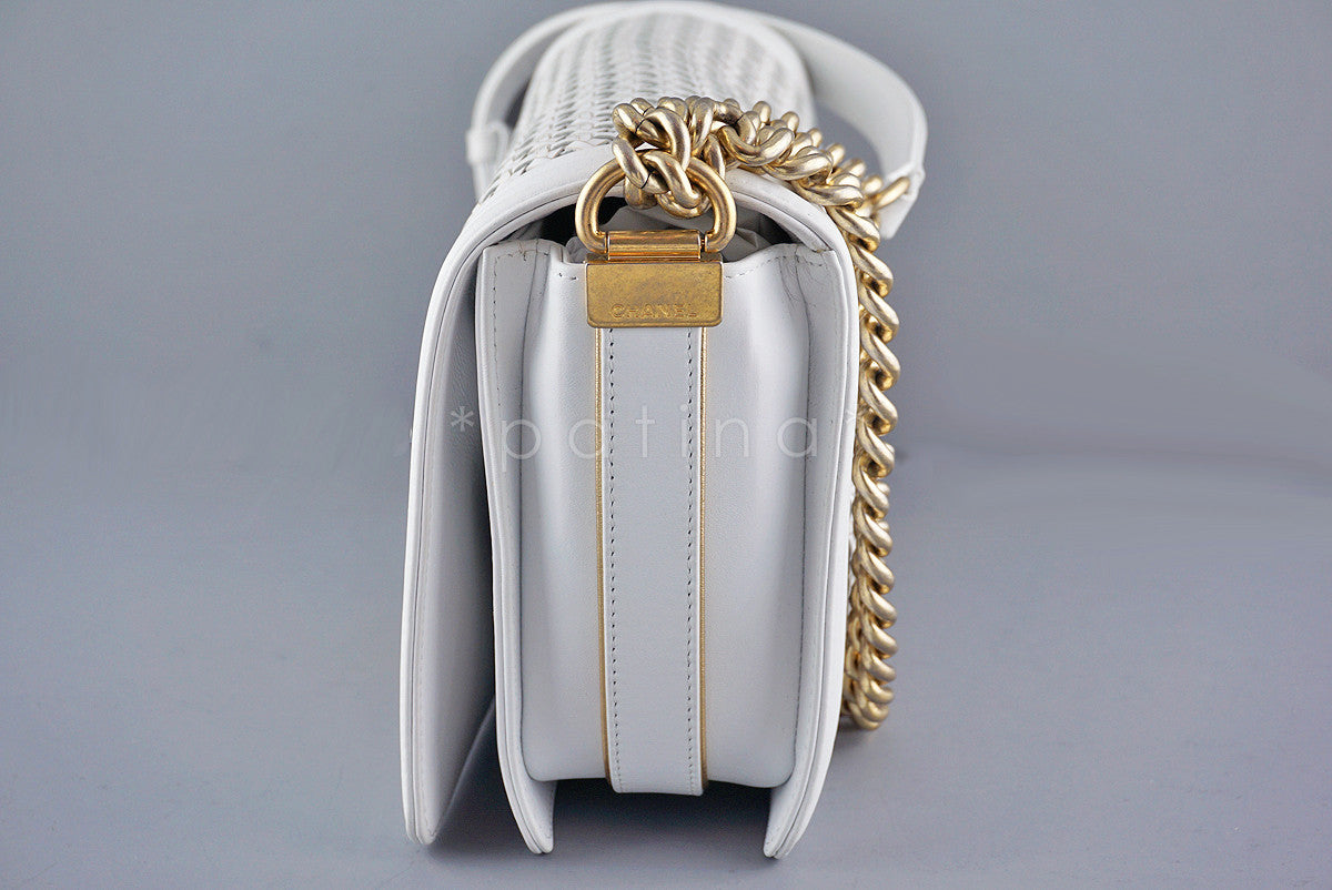 Chanel White Le Boy Gold-trimmed Rattan Flap Bag