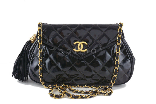 Chanel Black Vintage Patent Angled Classic Flap with Tassel Bag