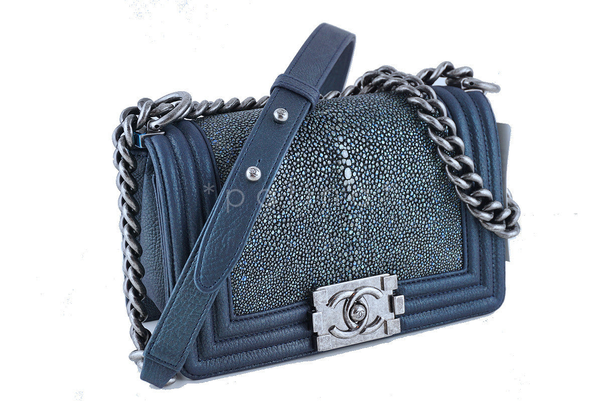NWT 15P Rare Chanel Pearly Blue Stingray Le Boy Classic Flap Bag