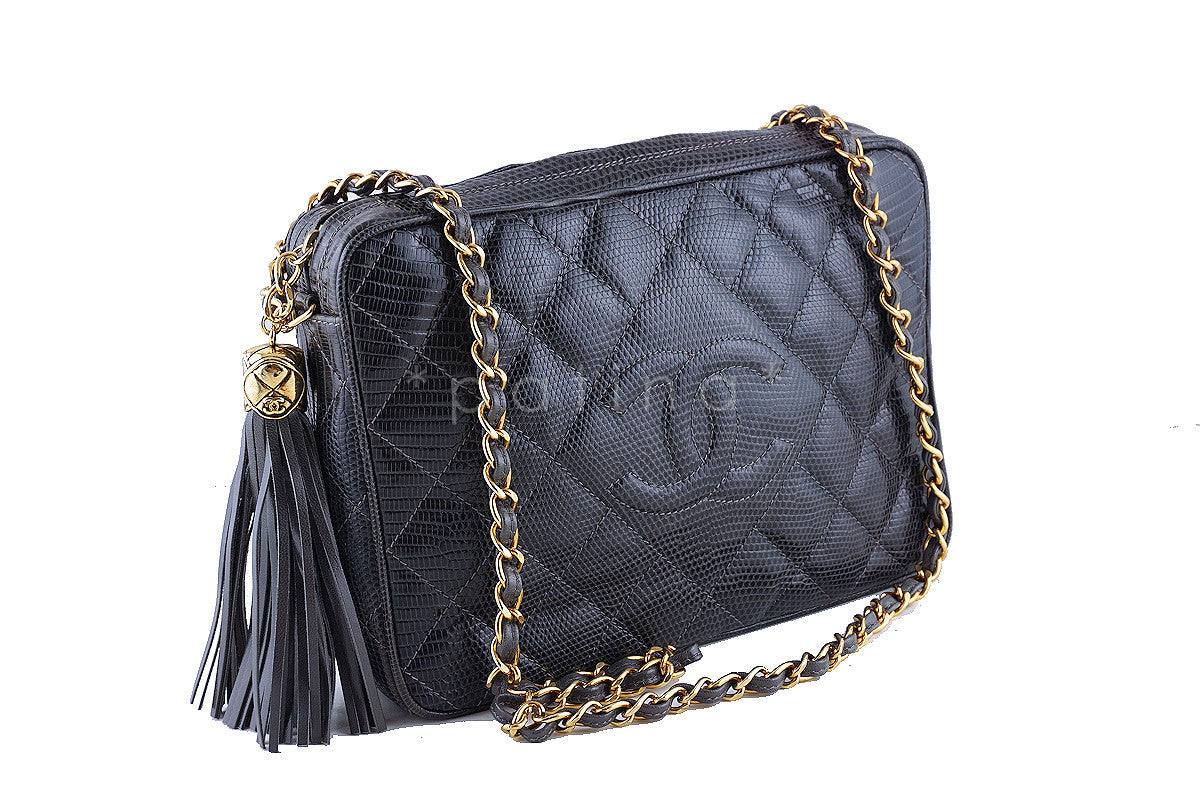 Pristine Chanel Vintage Lizard Gray Classic Quilted Camera Case Bag, Rare Condition