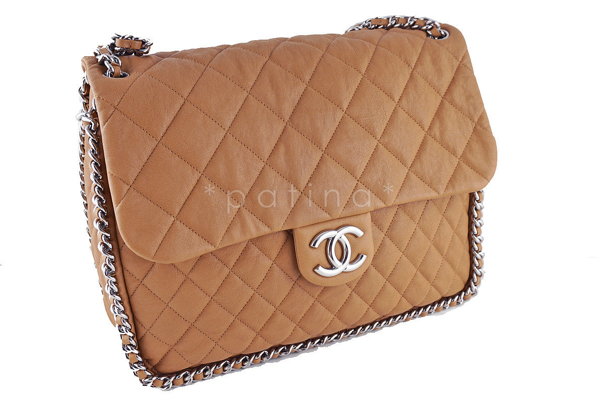 Chanel Camel Beige Chain Around Maxi Luxe Flap Bag