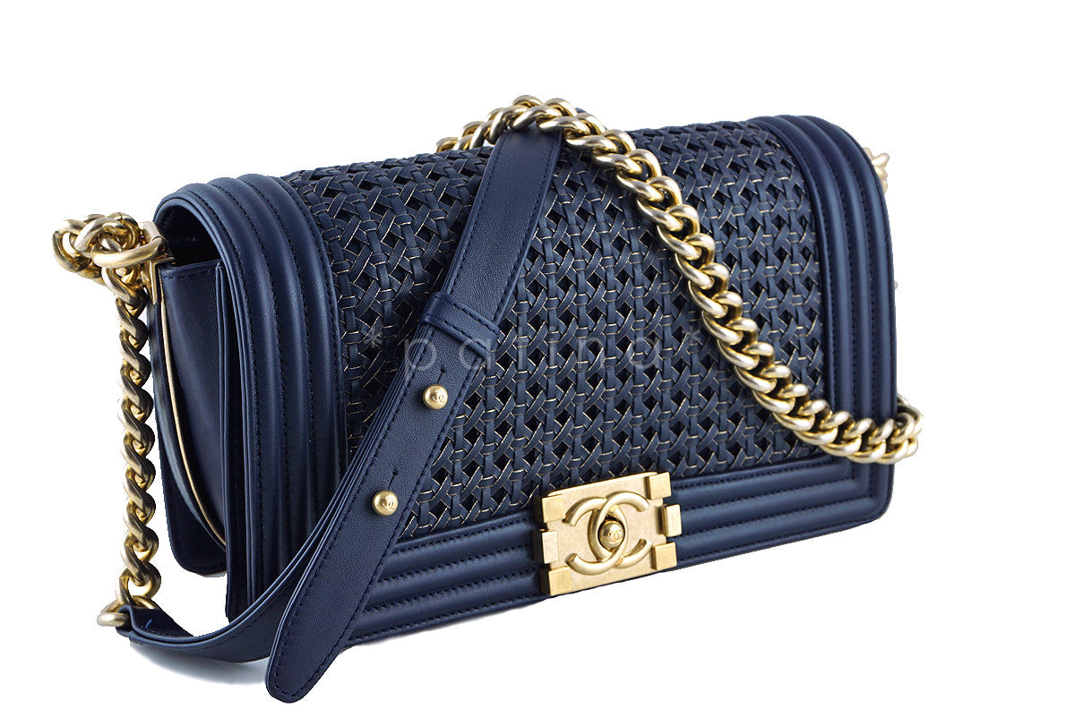 Chanel Boy Bag, Navy Blue Medium Gold-Trimmed Woven Flap