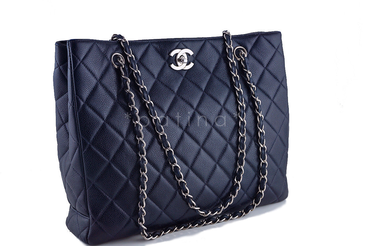 Chanel Caviar Navy Blue Classic Quilted Shopper Tote Bag 1TB