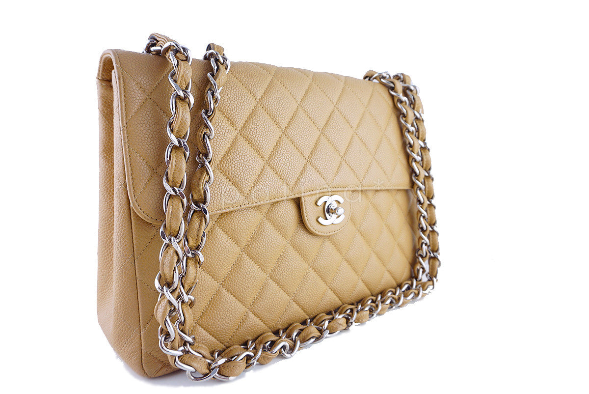 Chanel Camel Beige Caviar Jumbo Quilted Classic 2.55 Flap Bag