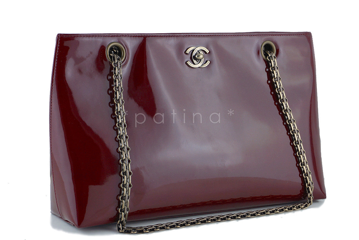 Chanel Burgundy Red Patent Luxe Classic Shopper Tote with Bijoux Chain Bag