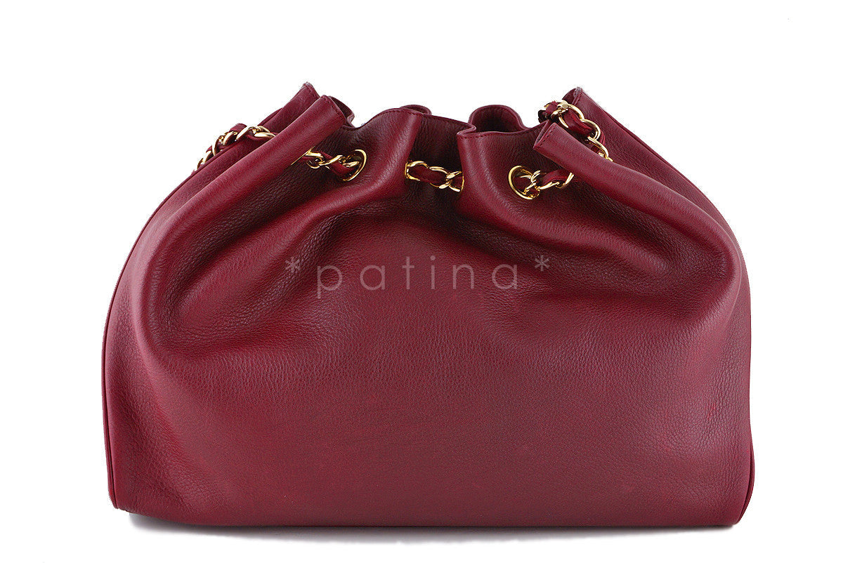 Chanel Red Soft Textured CC Logo Drawstring Tote Shopper Bag