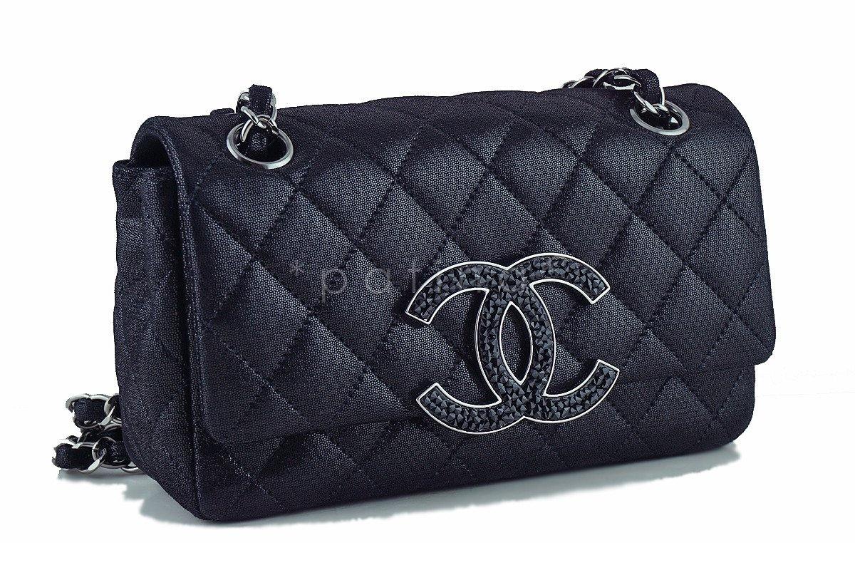 Chanel Metallic Black Crystals Jumbo CC Classic Rectangular Mini Flap Bag