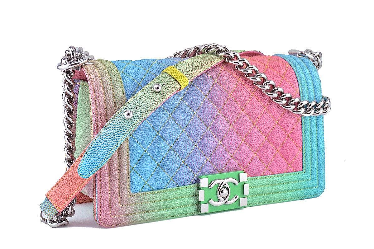 NWT 17C Chanel Boy Cuba Multicolor Rainbow Classic Flap, Medium Caviar Bag F2K