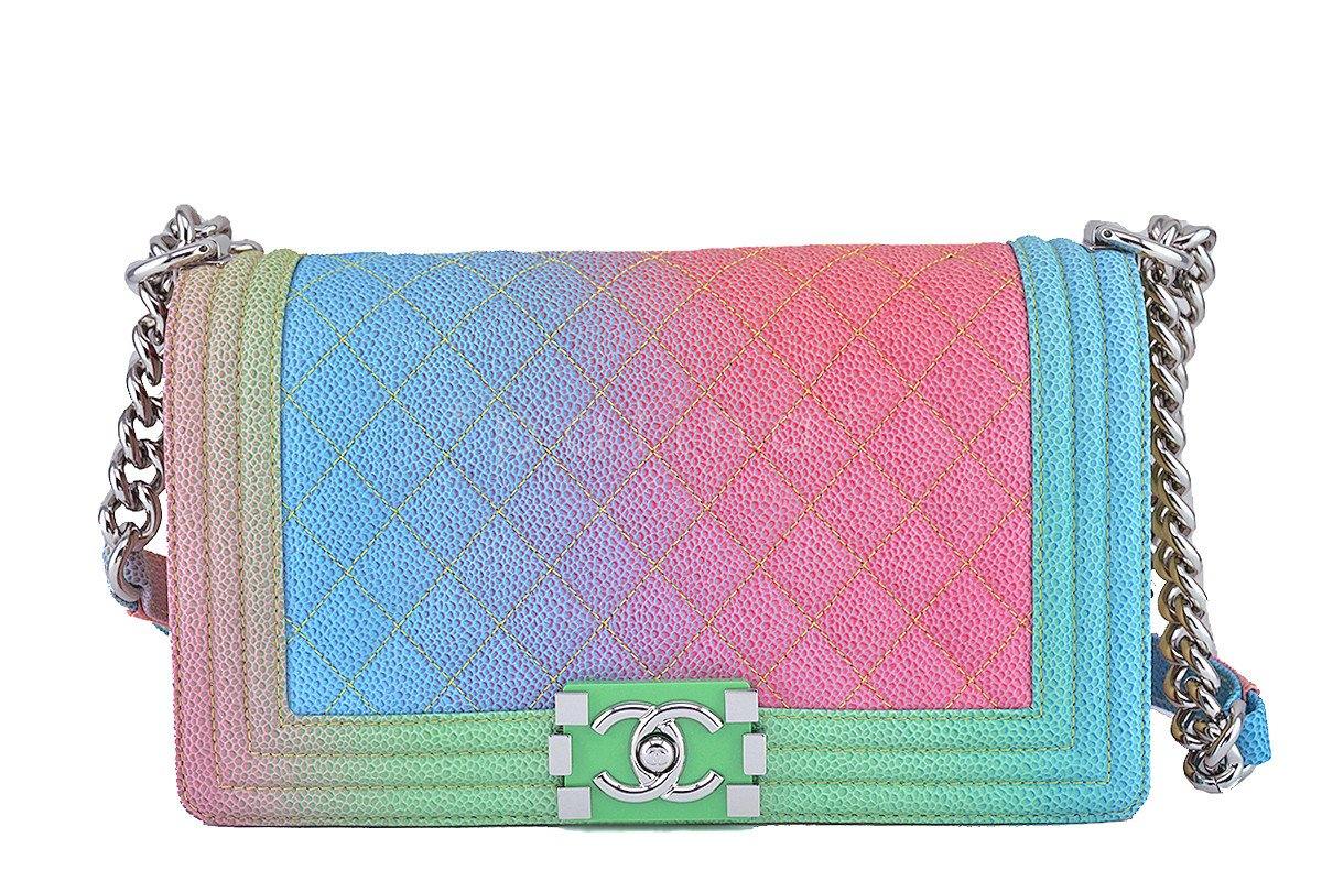 NWT 17C Chanel Boy Cuba Multicolor Rainbow Classic Flap, Medium Caviar Bag F2K