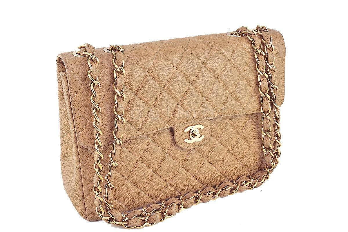 Chanel Camel Beige Caviar Jumbo Quilted Classic 2.55 Flap Bag