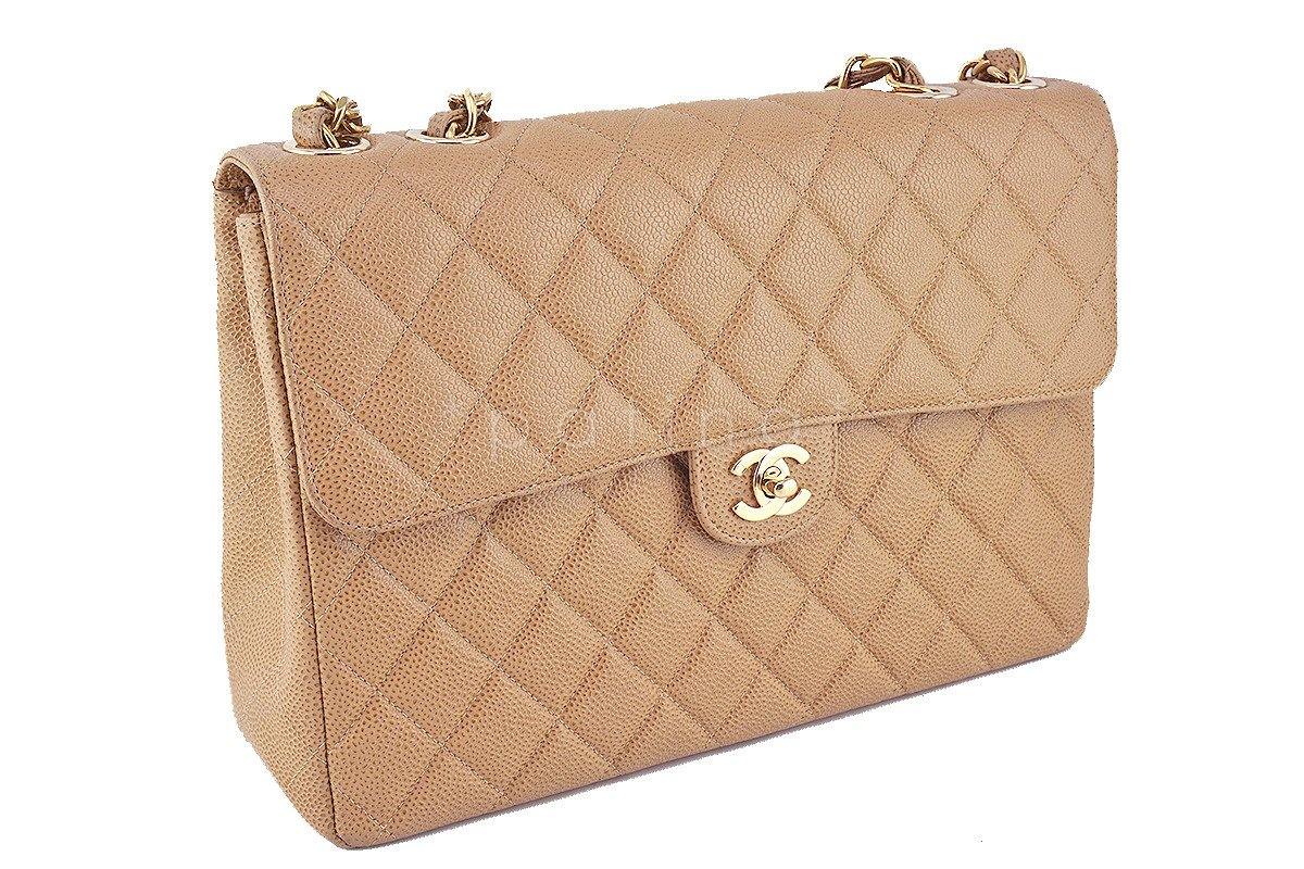 Chanel Camel Beige Caviar Jumbo Quilted Classic 2.55 Flap Bag