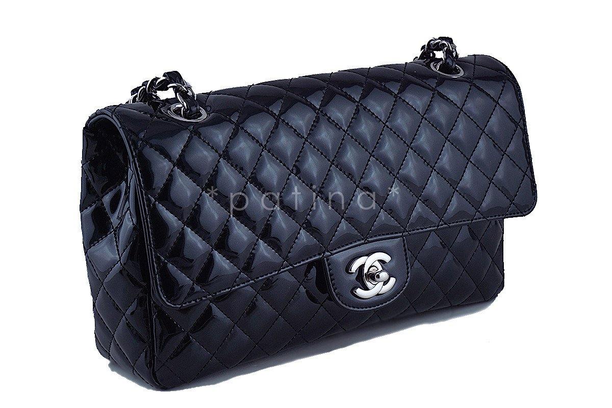 Chanel Black Glossy Patent Quilted Classic Label Flap Bag