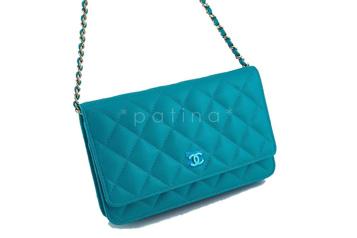 NWT 17C Chanel Turquoise Caviar Classic Quilted WOC Wallet on Chain Flap Bag