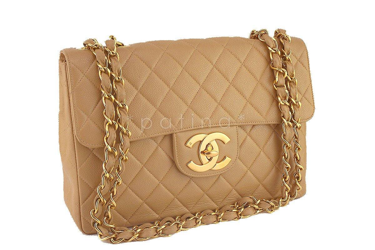 Chanel Camel Beige Caviar Vintage Jumbo Classic 2.55 Flap Bag