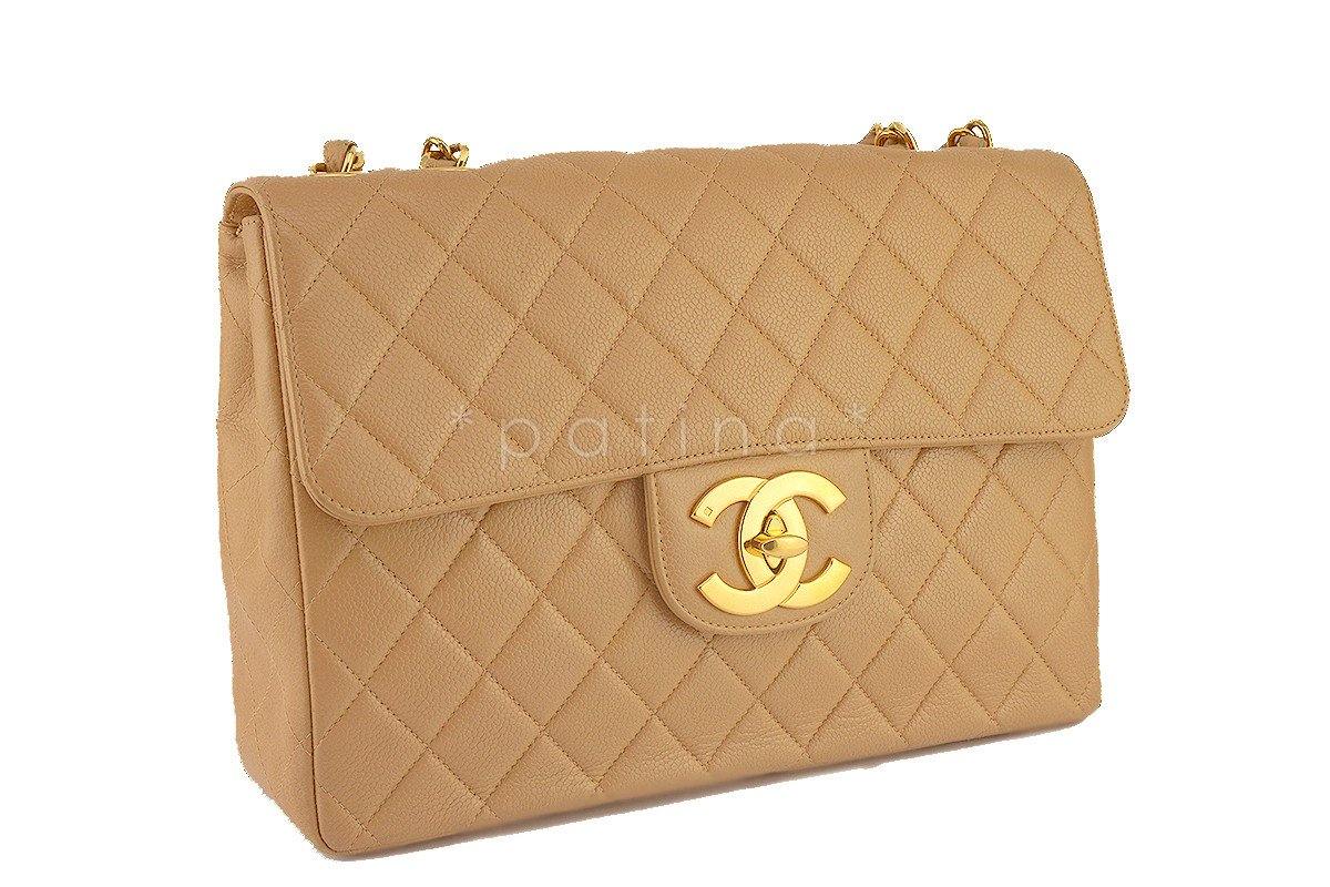 Chanel Camel Beige Caviar Vintage Jumbo Classic 2.55 Flap Bag