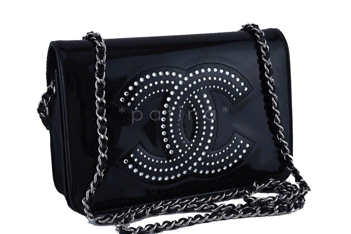 Chanel Black Patent Strass Crystals WOC Flap Wallet on Chain Purse Bag