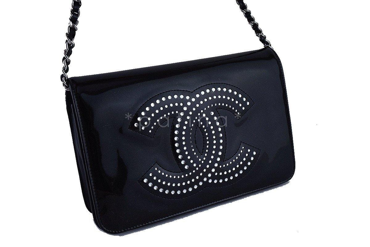 Chanel Black Patent Strass Crystals WOC Flap Wallet on Chain Purse Bag
