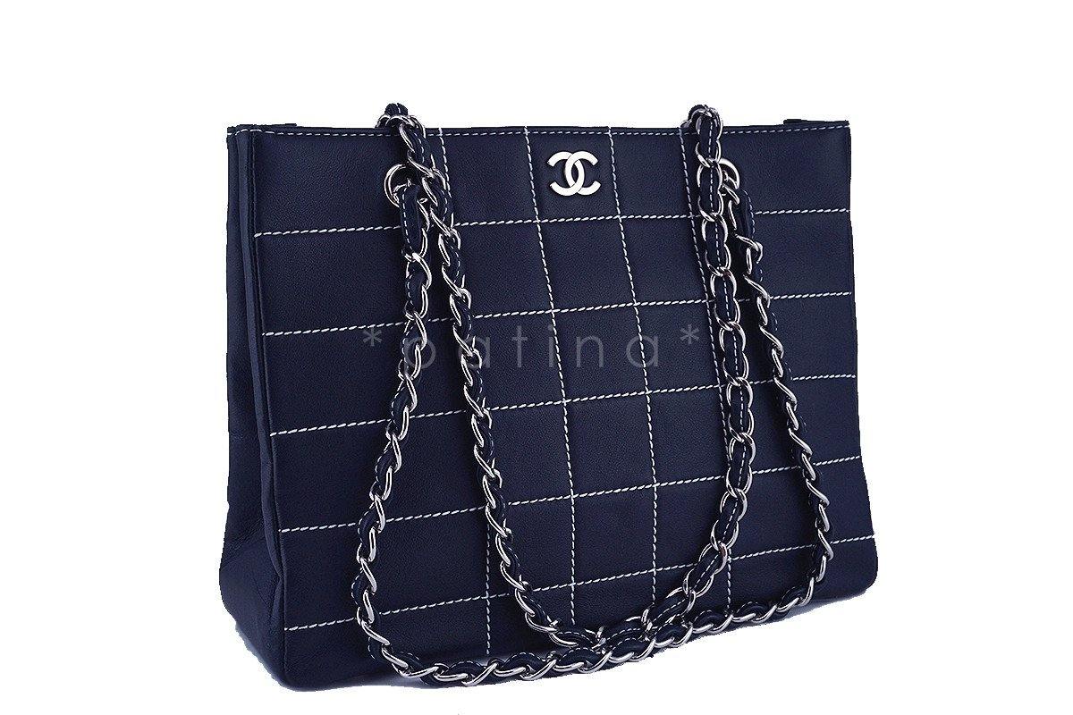 Chanel Navy Blue Contrast Stitch Quilted Shopper Tote Bag