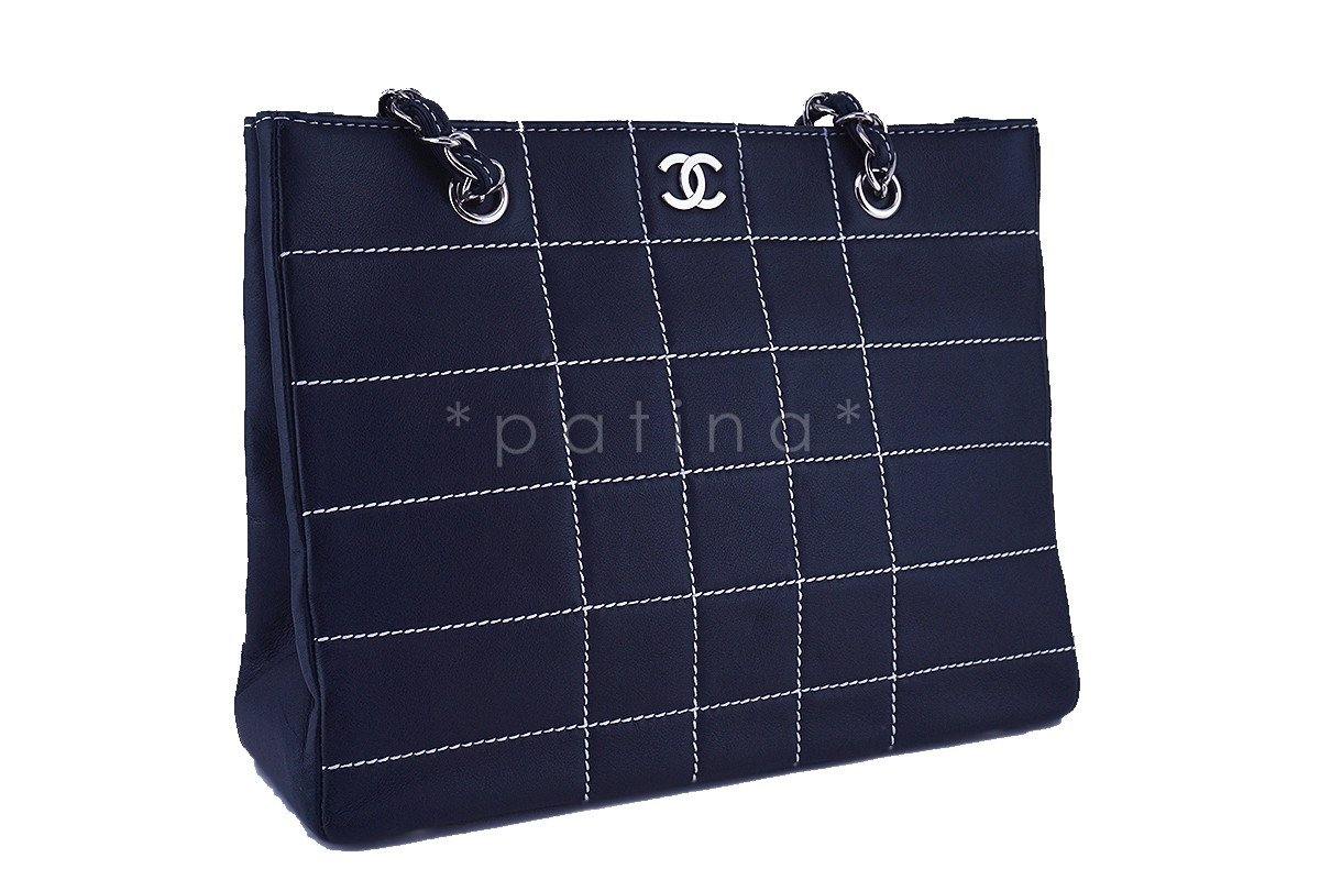Chanel Navy Blue Contrast Stitch Quilted Shopper Tote Bag
