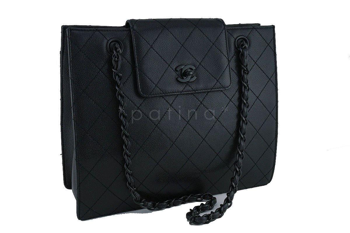 Chanel So Black Caviar Medium Quilted Classic Tote Bag Flap Closure