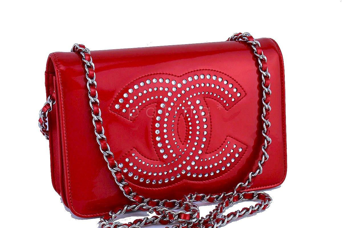 Chanel Cherry Red Patent Strass Crystals WOC Wallet on Chain Purse Bag