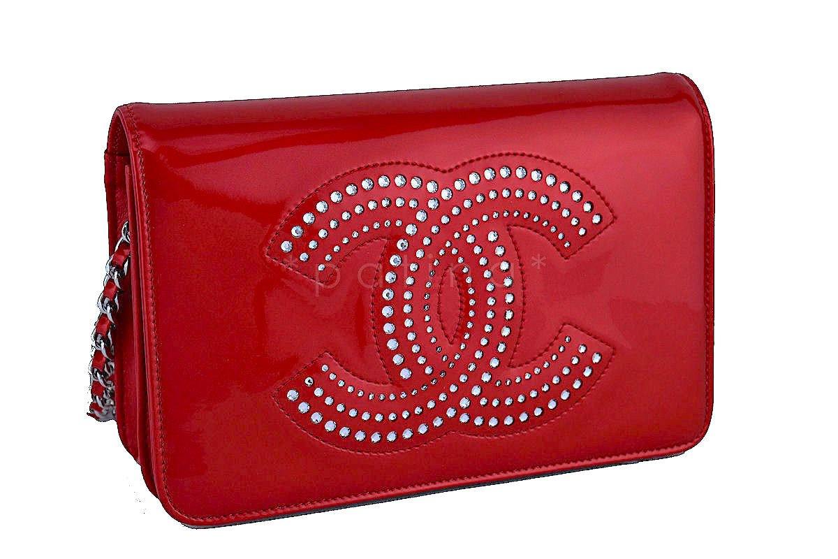 Chanel Cherry Red Patent Strass Crystals WOC Wallet on Chain Purse Bag