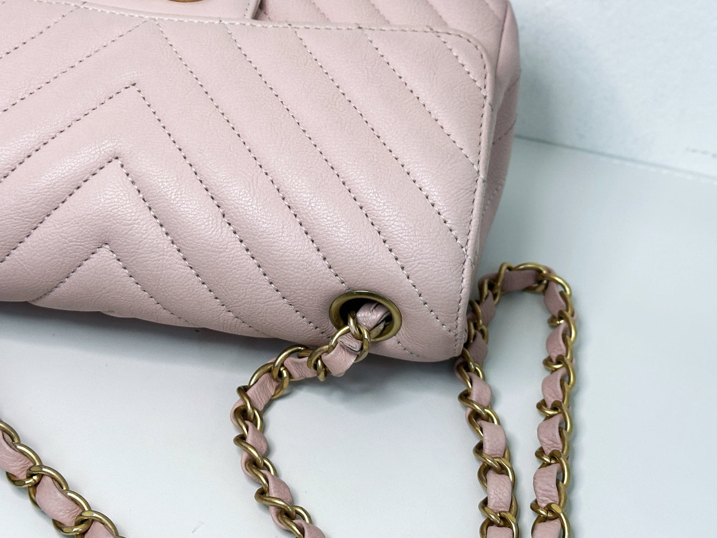 Chanel Classic Mini Rectangular 17C Light Pink Chevron Calfskin with brushed gold hardware ⁣⁣2383 holo card