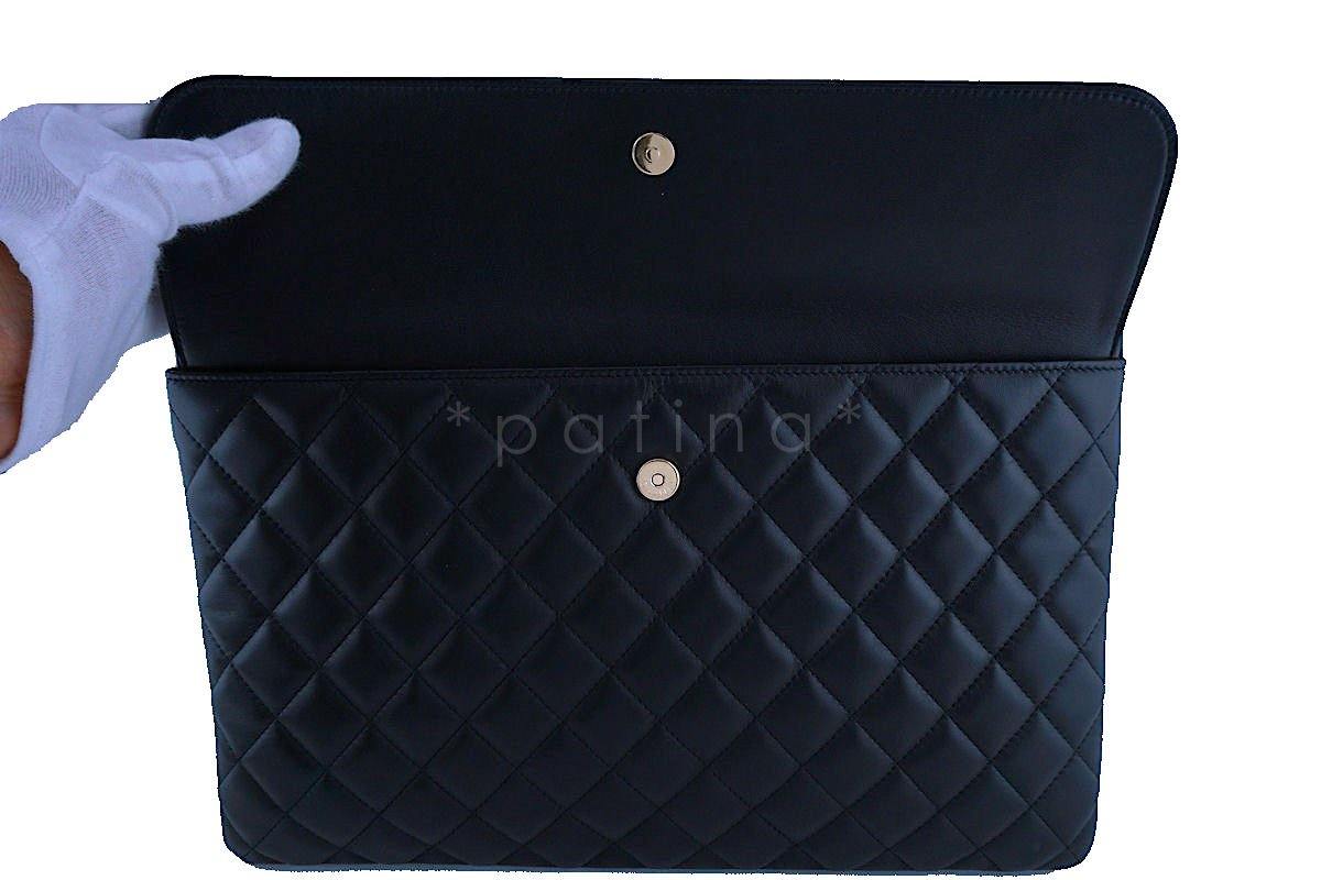 NWT Chanel Black Classic Quilted Large O Case Flap Clutch Purse Bag GHW