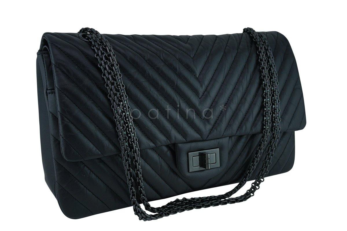 New Rare Chanel So Black Chevron 227 Jumbo Classic Reissue 2.55 Flap Bag