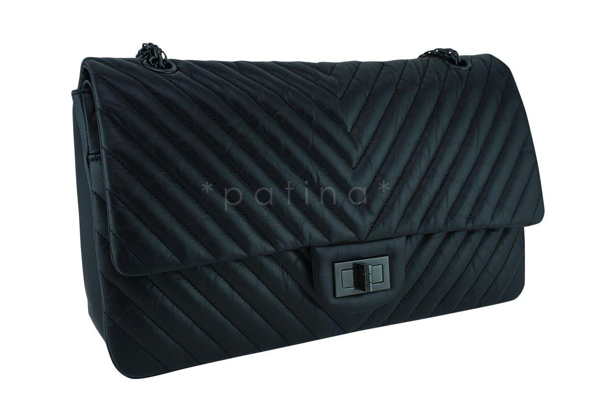 New Rare Chanel So Black Chevron 227 Jumbo Classic Reissue 2.55 Flap Bag