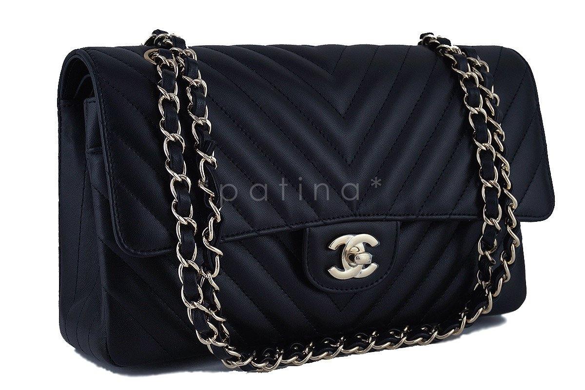 NWT 17S Chanel Black Chevron Medium Classic 2.55 Double Flap Bag GHW