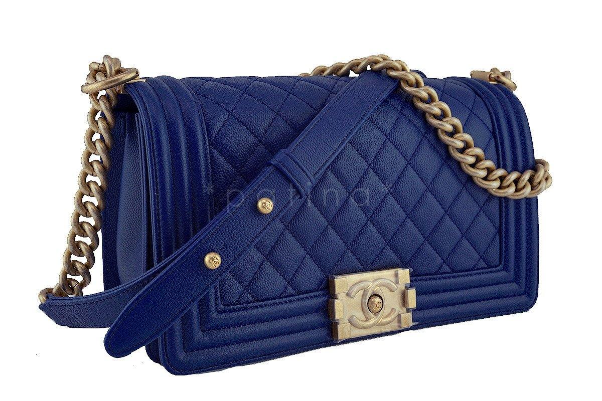 NIB Chanel Blue Boy Classic Flap, Medium Caviar Bag GHW