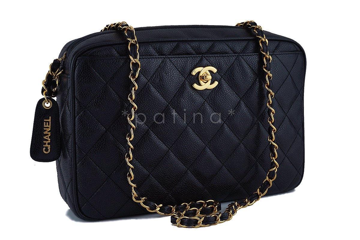 Chanel Black Caviar Quilted Classic Camera Case Clasp Pocket Bag