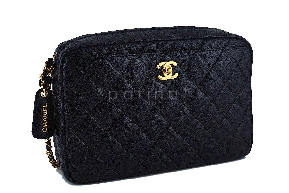 Chanel Black Caviar Quilted Classic Camera Case Clasp Pocket Bag