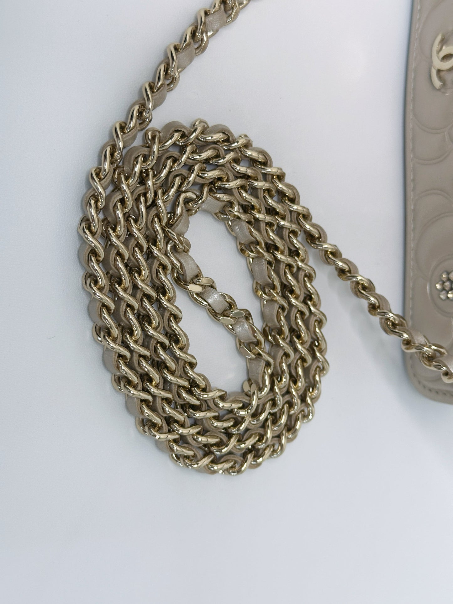 Chanel Camellia Embossed Wallet On Chain 2465 holo card