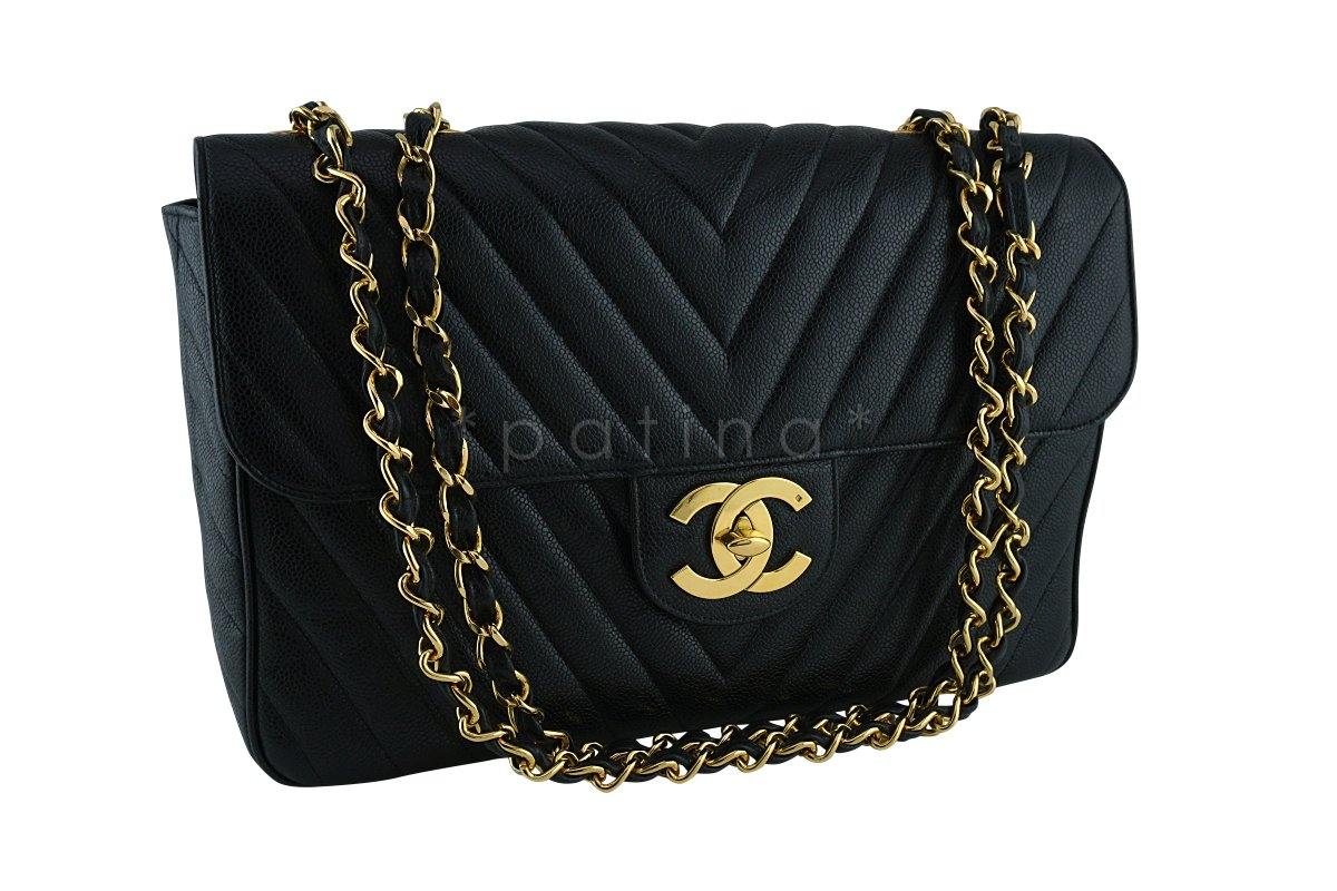 Chanel Vintage Black Caviar Chevron Maxi Classic Jumbo XL Flap Bag