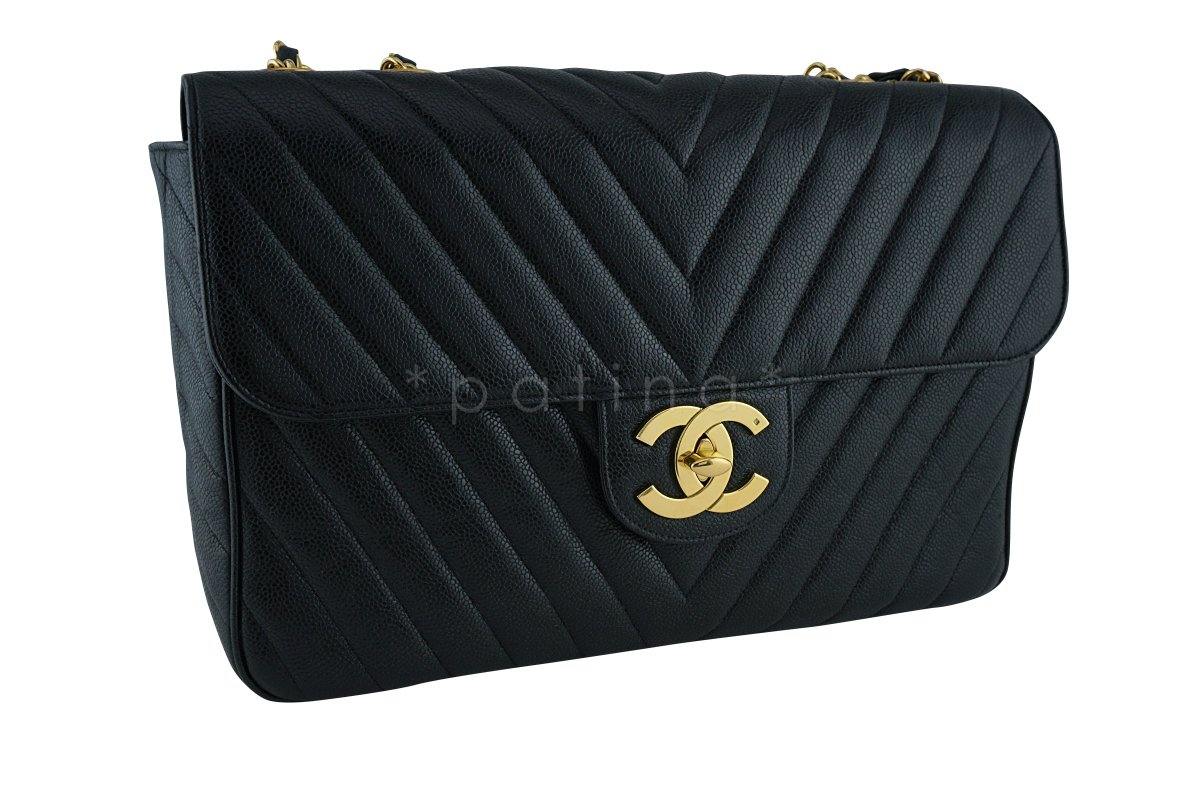 Chanel Vintage Black Caviar Chevron Maxi Classic Jumbo XL Flap Bag