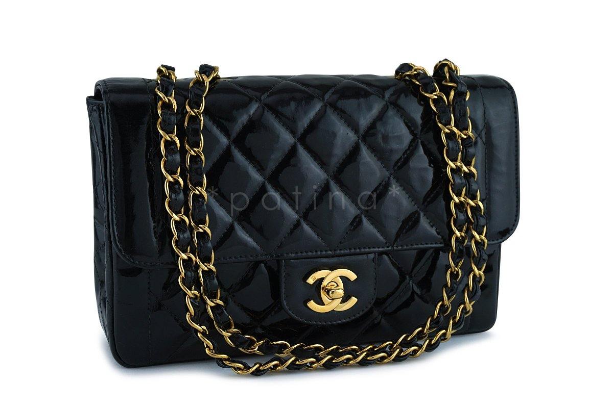 Chanel Black Vintage Patent Classic Medium Quilted Flap Bag GHW